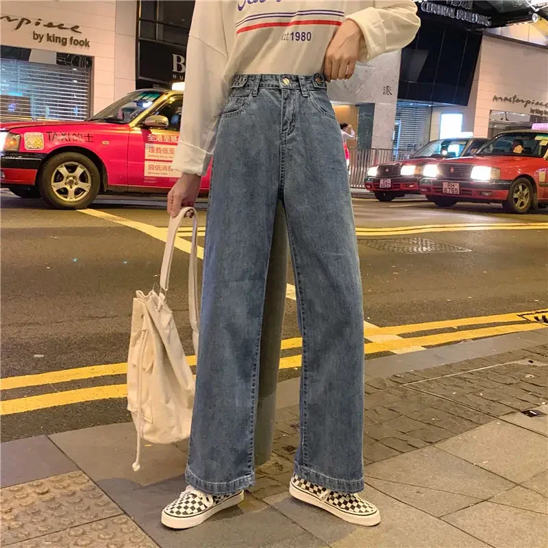 Pantalones vaqueros de pierna ancha de cintura alta para mujer, Jeans ajustados sueltos para estudiantes, estilo Hong Kong, primavera y otoño, nuevo