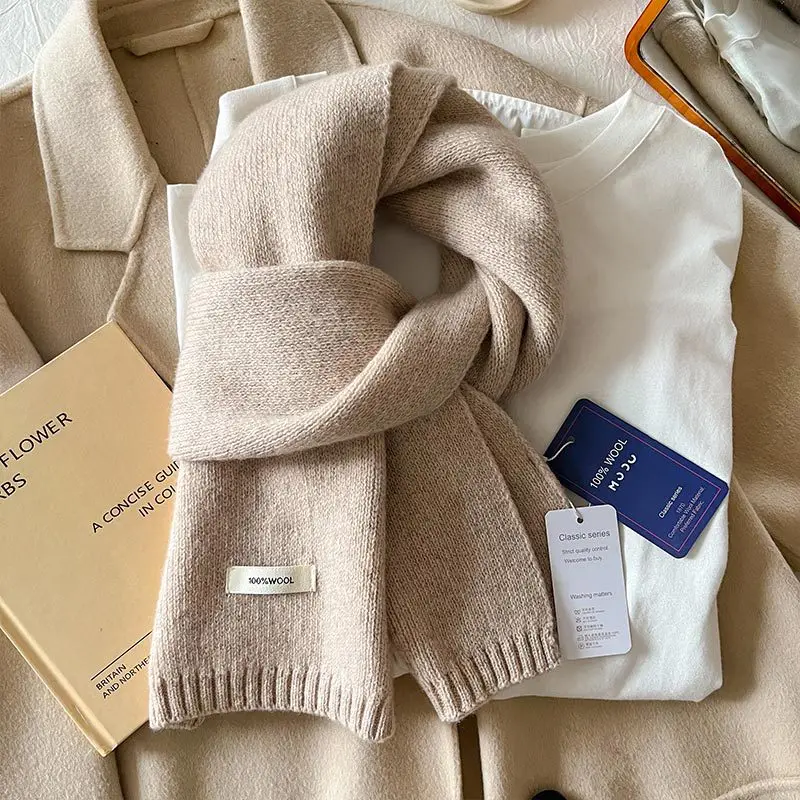 

2025 шарф из 100% австралийской шерсти, женский зимний однотонный вязаный шарф, ветрозащитный толстый теплый защитный шарф для шеи, женский вязаный шарф