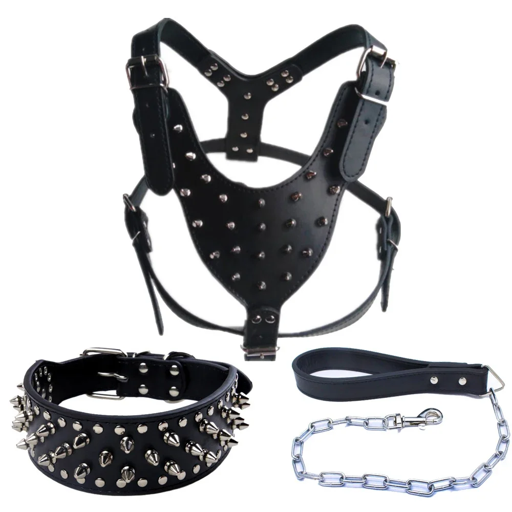 Dog Walking Training Hiking Sport Pet Harness Soft Leather Spike Dog Harness Set Rivet Studded Dog Harness