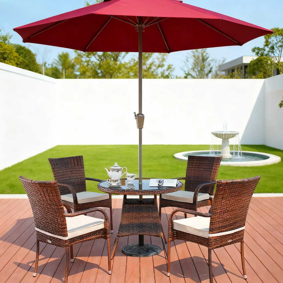 Brown Rattan Round Table with Wine Red Umbrella and Chairs Outdoor Set for Garden Patio Restaurant Durable and Stylishpromote sa