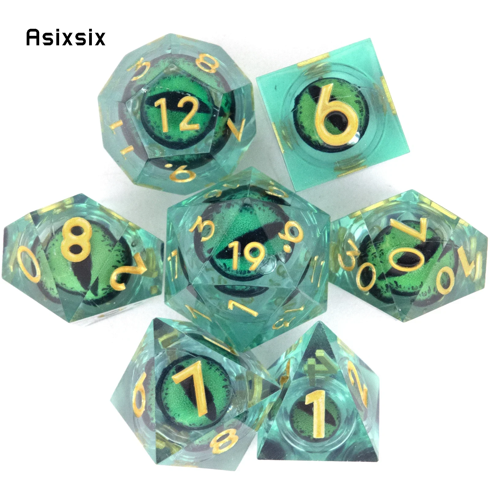 

7 Pcs Green Eyeball Golden Number Sharp Edge Resin Dice Polyhedral Dice Suitable For Role-Playing RPGGift