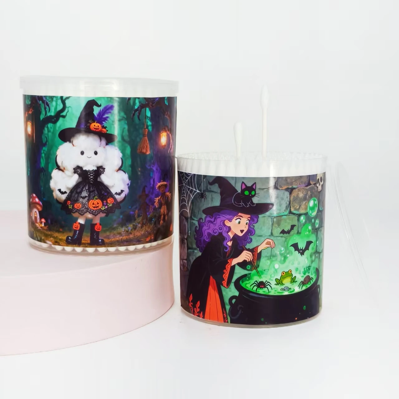 400개/600개 마녀 디자인 면봉 할로윈 테마 원통형 상자 휴일 선물 면봉