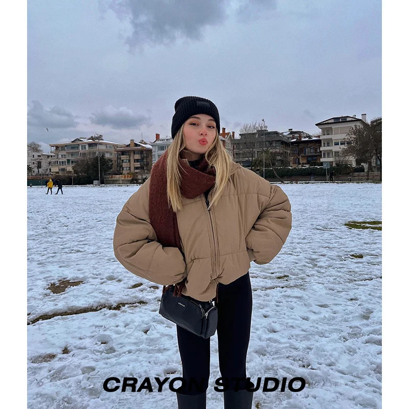 Women Down Coat American Khaki Zipper Cotton Shirt Women's Commuter Long Sleeve Stand Collar Solid Winter Slim Coat