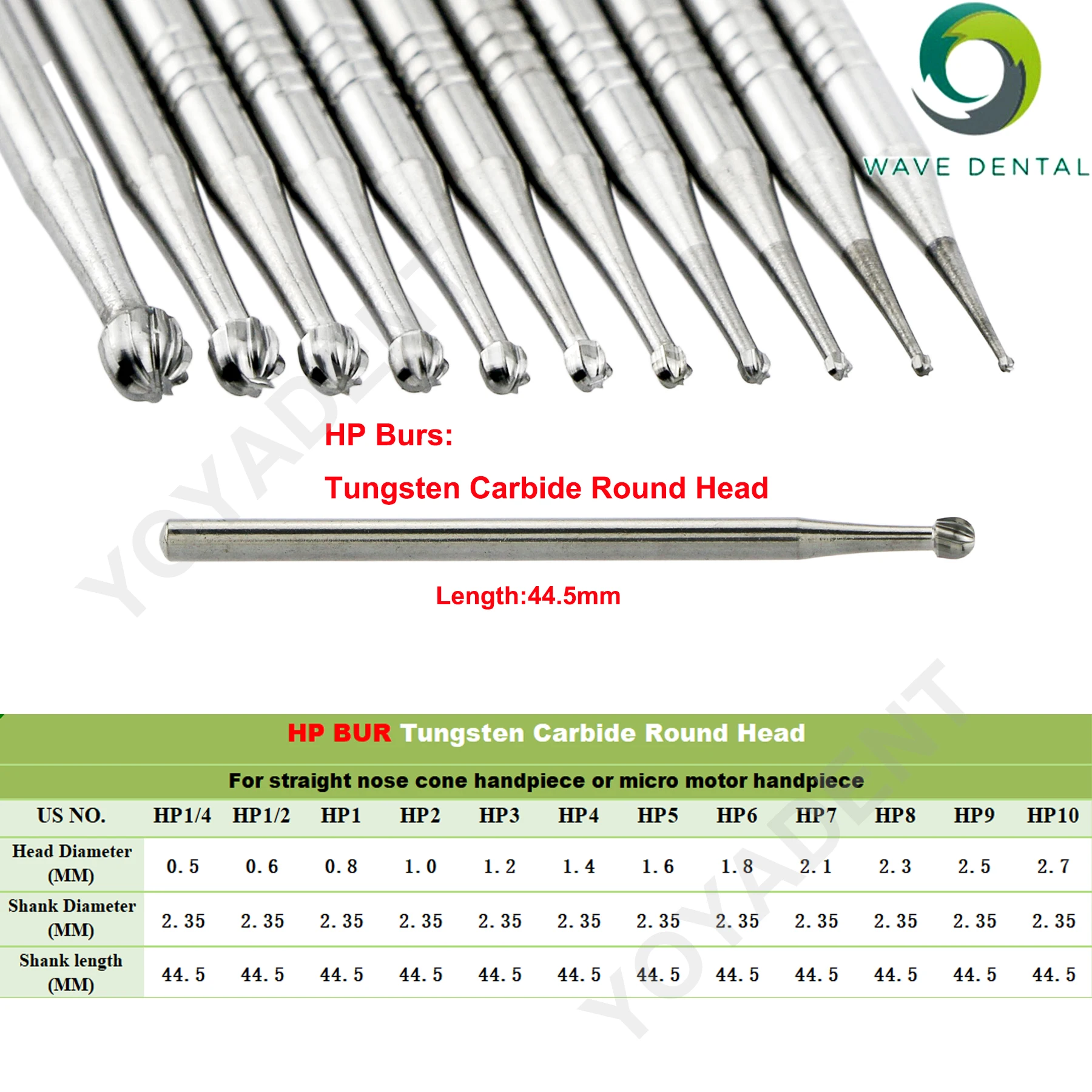 WAVE Dental Drills Bits Tungsten Carbide Burs Round Ball Head Midwest HP 44.5mm For Straight Nose Cone Handpiece Dentist Tools