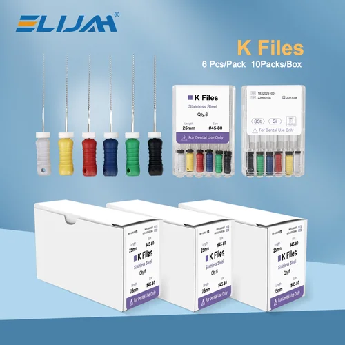 Imagen 1 del producto Limas K de uso manual Dental ELIJAH, limas de conducto radicular endodóntico de acero inoxidable de 21mm/25mm, juego de 60 uds, herramientas de instrumentos profesionales
