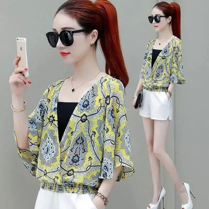 Women's Summer Fashion Elegant Simplicity Printing Short Sleeve Shirts Women Clothes Loose All-match Casual Temperament Tops