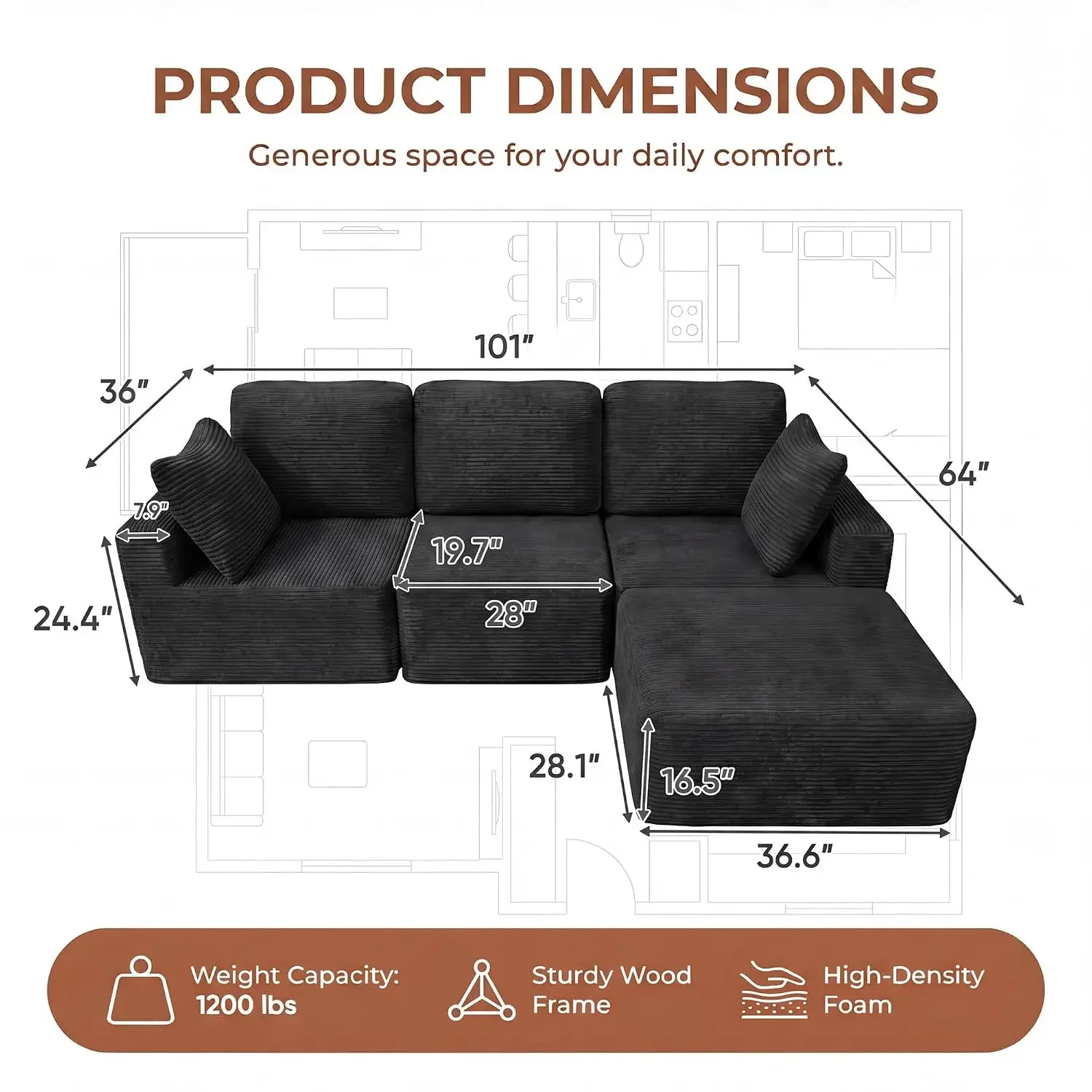 Sectional Couches for Living Room, Modern Boneless Couch with Deep Seat, Upholstered Cloud Sofa, No Assembly Required, Custom
