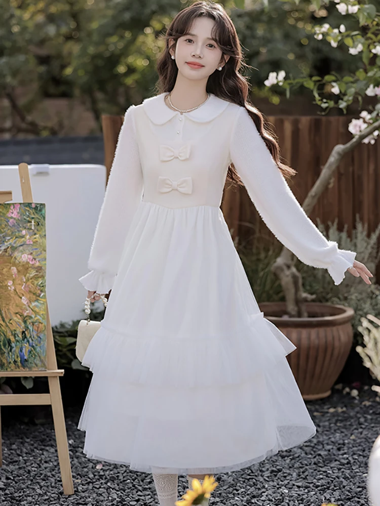 Robe mi-longue à volants en maille pour femmes, avec nœud blanc, Patchwork, manches longues, col de poupée, tenue décontractée, automne hiver, robes moulantes coréennes, 2025