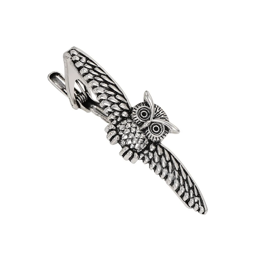 Vintage Silver Toned Spread Owl Tie Clip Texture with Smart Animal Elements Men's Formal Dress Shirt Collar Clip Accessories
