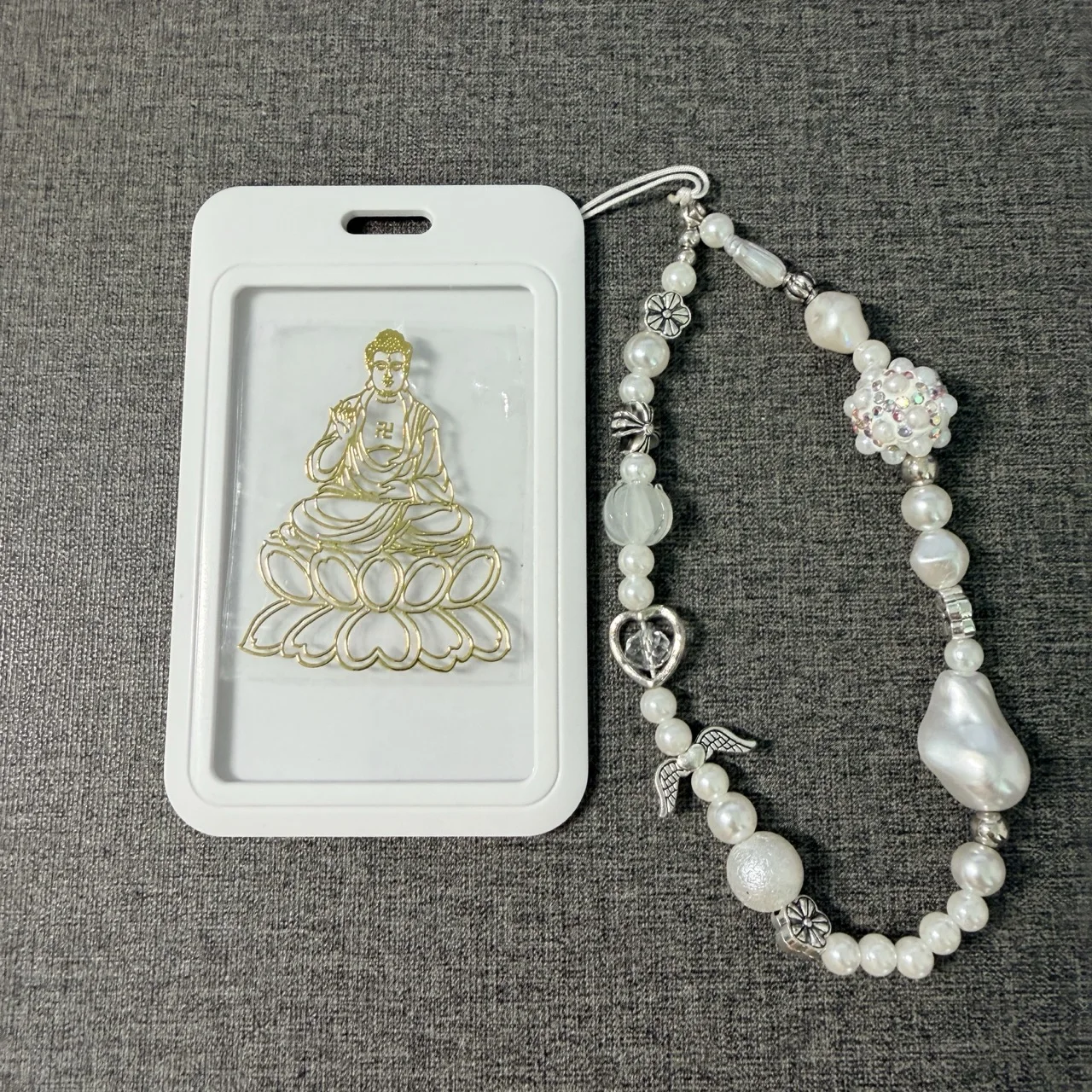 Image 7: Autocollant de téléphone en métal à motif Bouddha ange, cordon anti-perte, porte-carte porte-bonheur