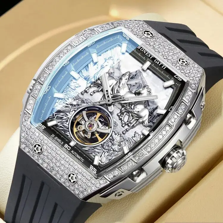 BONEST GATTI Men Automatic Watch 47mm Tonneau Mechanical Wristwatch Waterproof Sapphire Luminou Fluororubber Strap Horse Dial