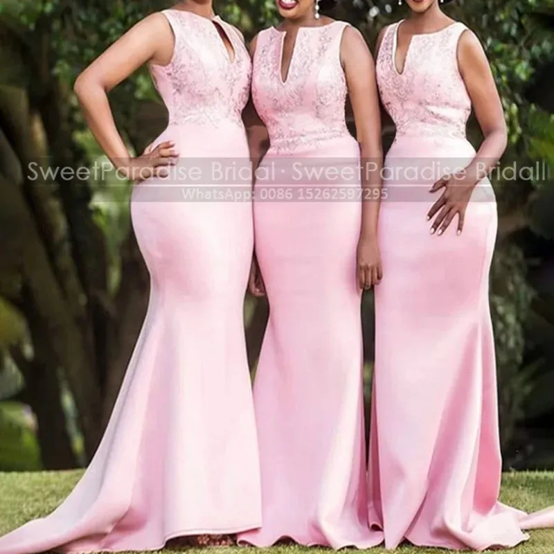 Light Pink Appliques Bridesmaid Dresses Mermaid Plus Size Customized Cut-Out Neck Trumpet Long Party Dress Maid Of Honor