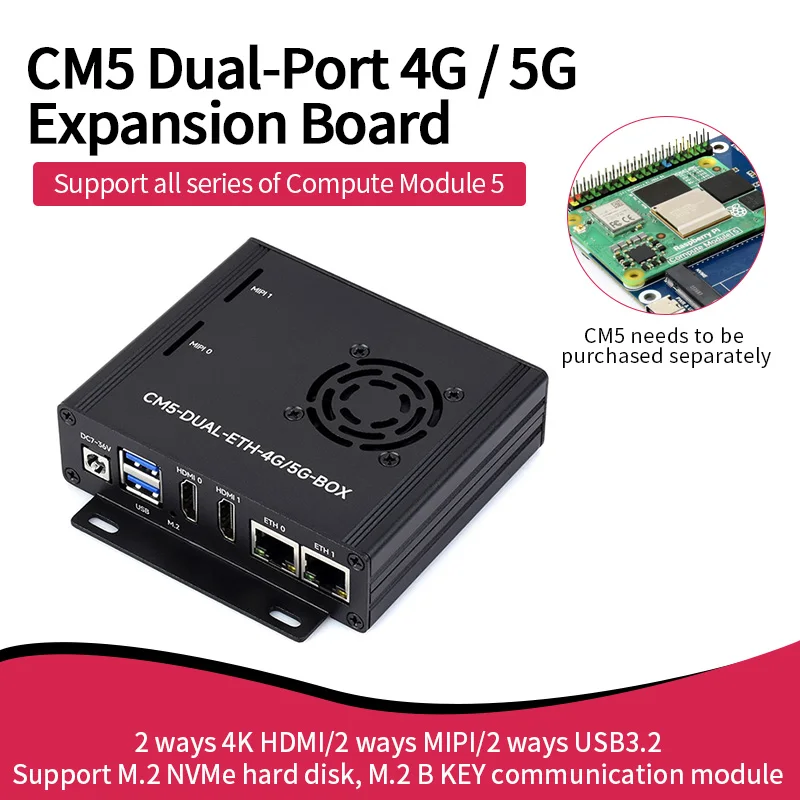 CM5 Dual Port 4G/ 5G Expansion Board, Supports M.2 NVMe Hard Disks, M.2 B KEY Communication Module