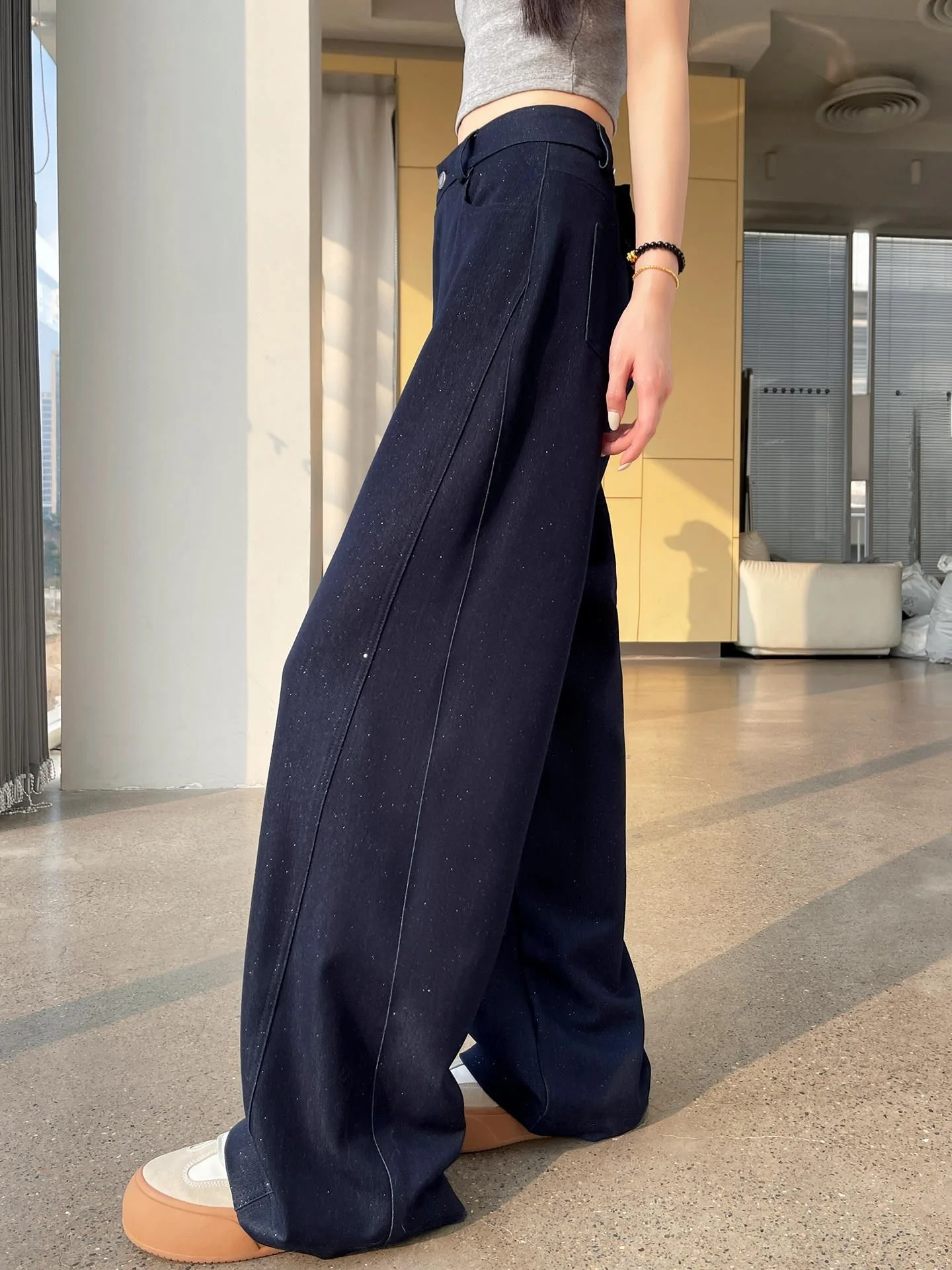  Sequin  Wide Leg Jeans Women's Summer New High Waist Loose Drapey Floor-Length Pants Commute Style Pure Color