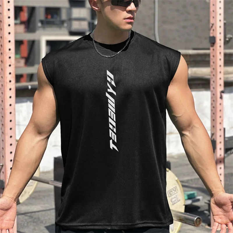

summer Gym Tank top Man Fitness Sleeveless Shirt Male Mesh Breathable Sport Vest loose Undershirt printing Running Vest Men tops
