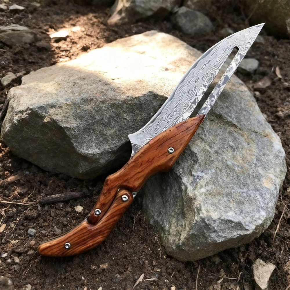 

VG-10 Damascus Steel Pocket Folding Knife - Sandalwood Handle Outdoor Survival Multi-Tool for Tactical, Hunting, & Camping