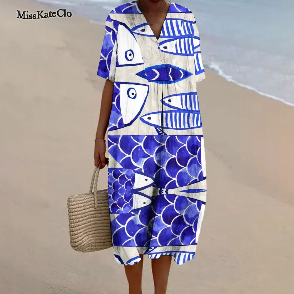 Women's Sardine Print Beach Dress Sardines Lover Blue Skirt Summer Seaside Sardine Pattern Wears Beach Vacation Long Dress