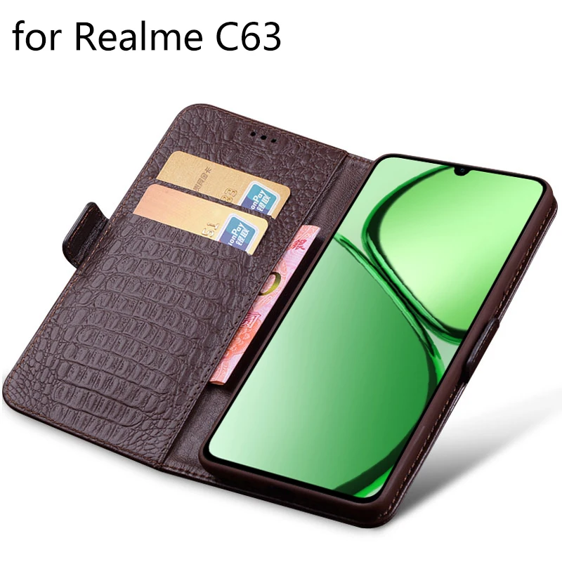 Magnet Genuine Leather Skin Flip Wallet Phone Case Cover Book On For Realme C63