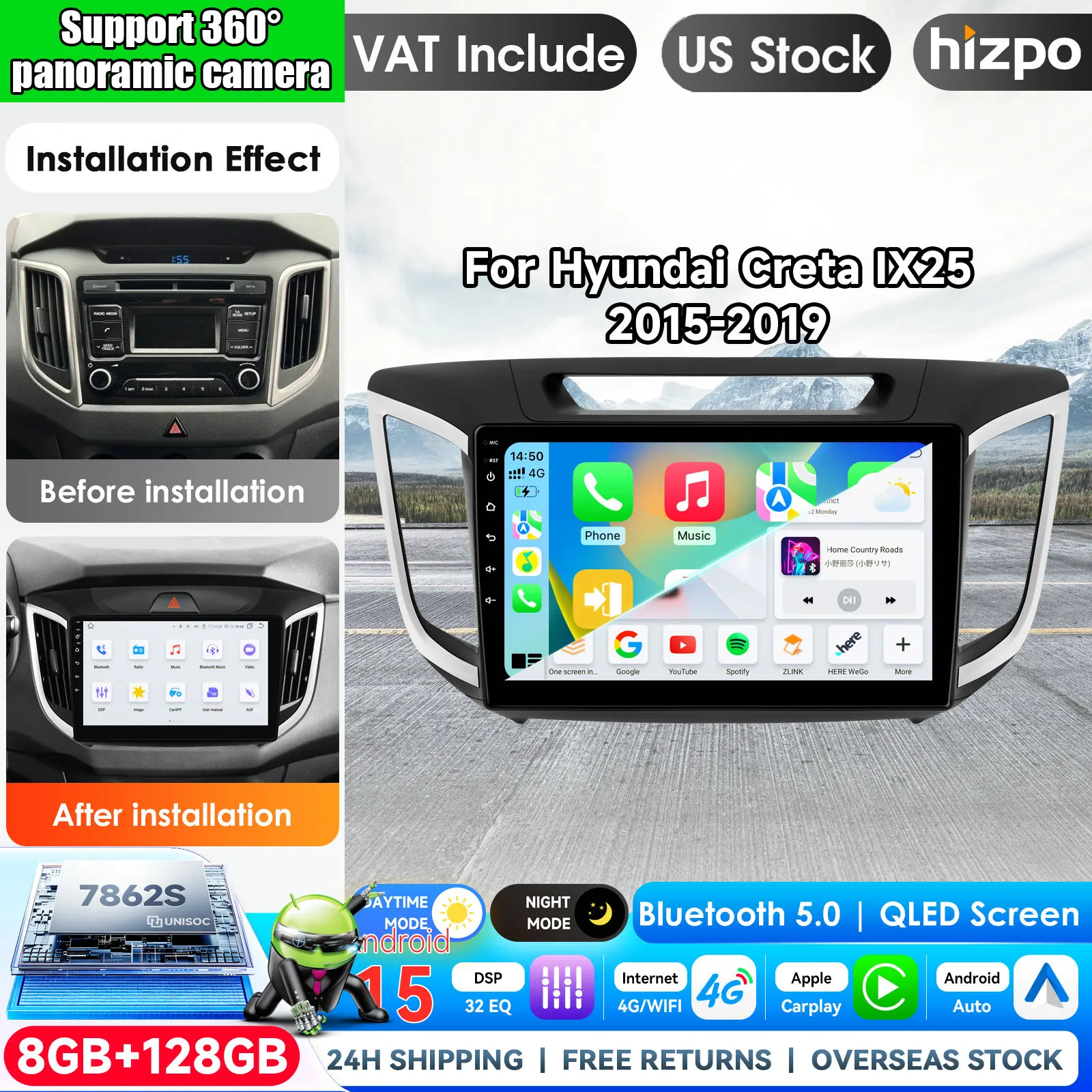 For Hyundai Creta IX25 2015 - 2019 Car Radio Multimedia Video Player Navigation Stereo GPS Carplay Android Auto  with Apple CarPlay Smart Intelligent Systems 2 Din Autoradio Head Unit Navigation Pro AI Automotive Monitor Bluetooth 4GLTE WIFI FM AM DSP RDS