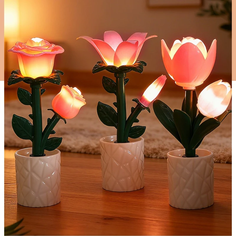 Creative Building Block Tulip Rose Night Light DIY Small Table Lamp Atmosphere Desktop Ornament Creative Gift