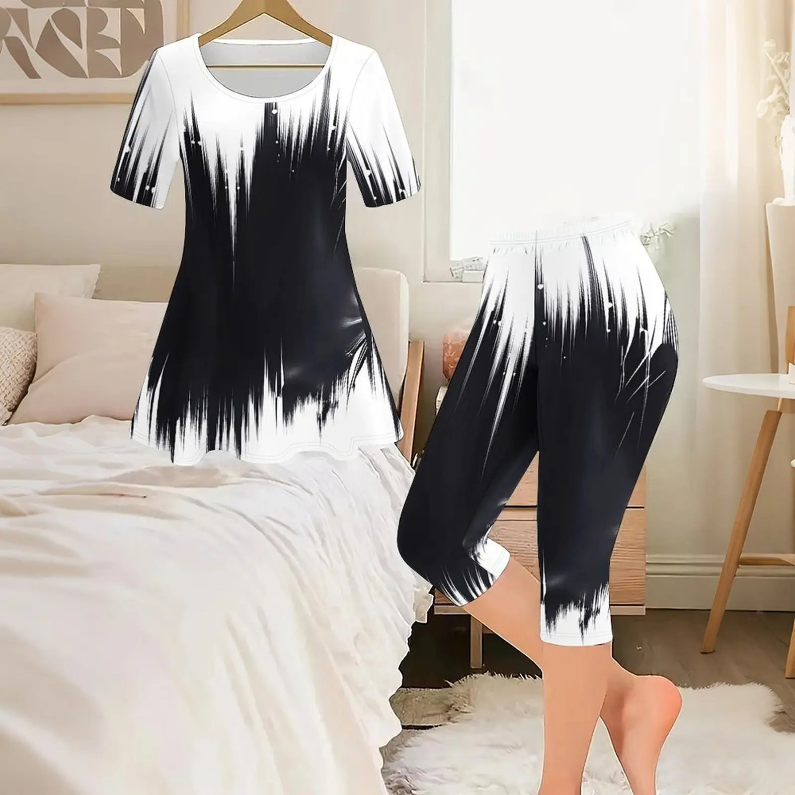 2pcs Women Print 2 Piece Two Piece Set  Round Neck  Everyday Commuting Clothes  Beach Vacation Tight-fitting Sweatpants