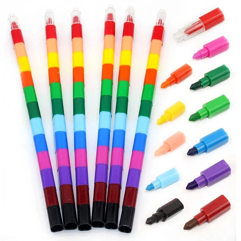 Crayones de Bloques de Construcción de 12 Colores, Divertidos Crayones Apilables de Colores Arcoíris, Rotuladores de Graffiti, Materiales de Arte, Regalo de Cumpleaños para Niños y Niñas