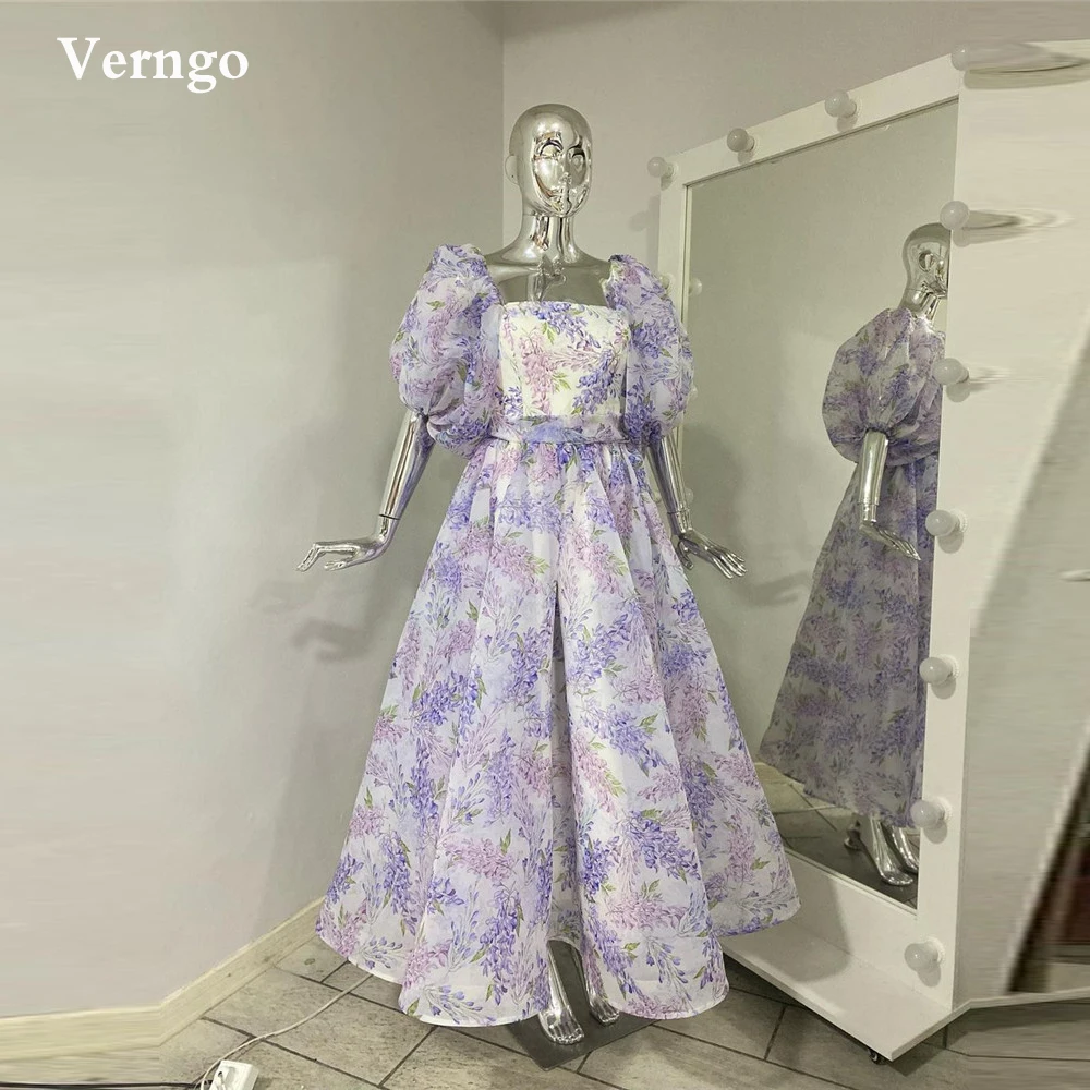 

Verngo Elegant Lavender Printed Evening Party Dresses Ballon Half Sleeves Square Neck Ankle Length Prom Gowns Robe de soiree