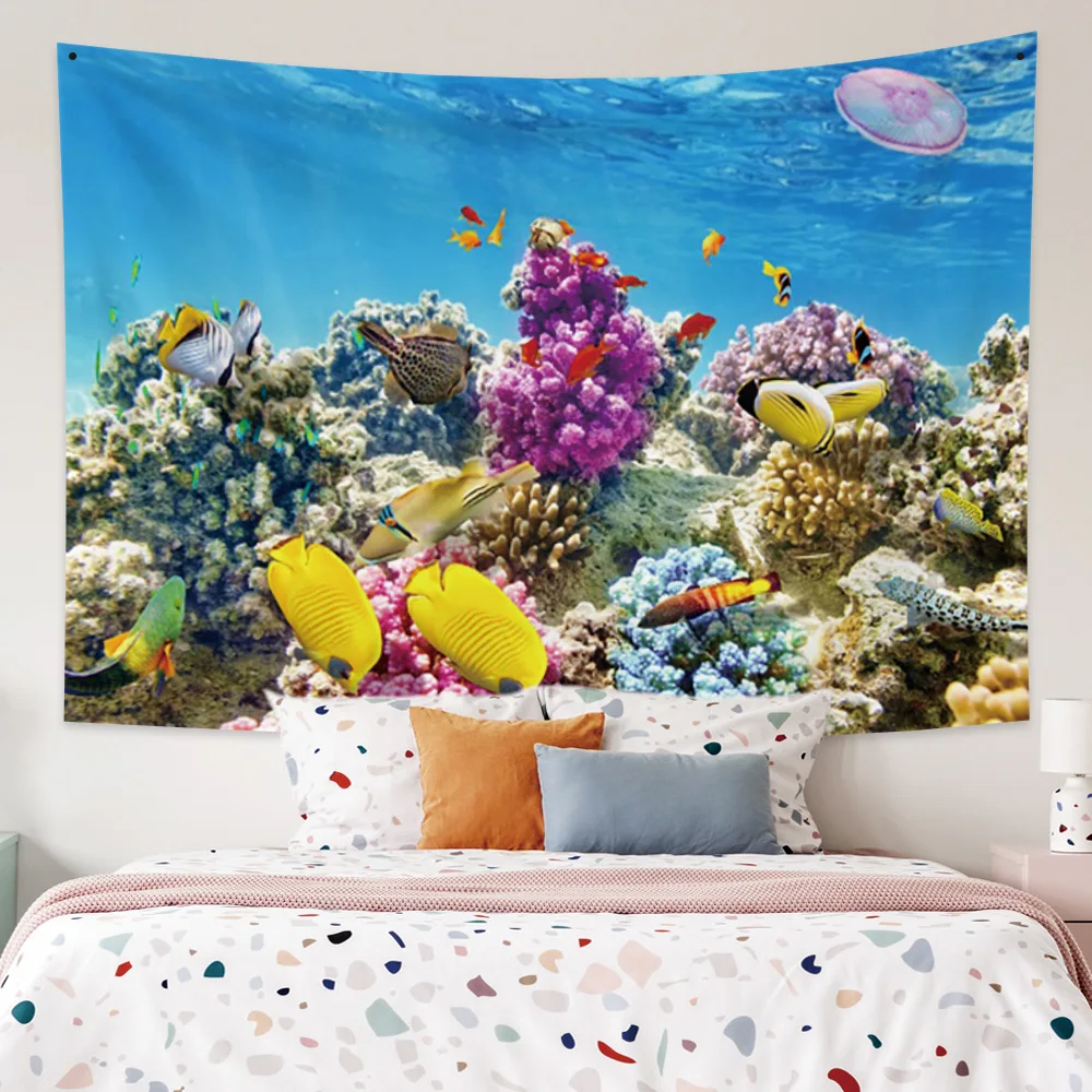 

Seabed World Colourful Coral Fish Tapestry Underwater Marine Life Wall Hanging Print Blanket Kids Room Home Decor Wall Carpet