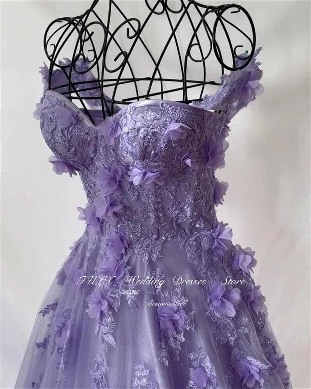 TULX-Robe de Soirée de Forme Trapèze en Tulle Violet, Tenue de Bal de Forme Princesse à Fleurs 3D, Faite à la Main, pour Occasions Formelles