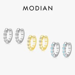 Modian Silver Turquoise Tiny Earring Real 925 Sterling Silver Round Clear CZ Hoop Earrings For Women Girl Party Fine Jewelry