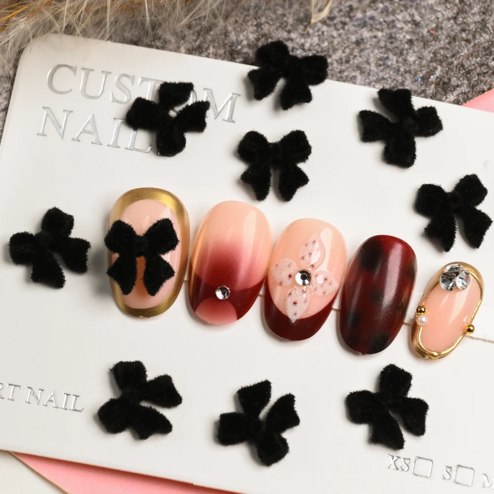 50 Piezas de Adornos de Uñas con Lazo de Terciopelo Negro, Lindos Adornos de Resina con Lazo Esponjoso y Diamantes de Imitación para Decoración de Uñas de Invierno, Suministros de Manicura