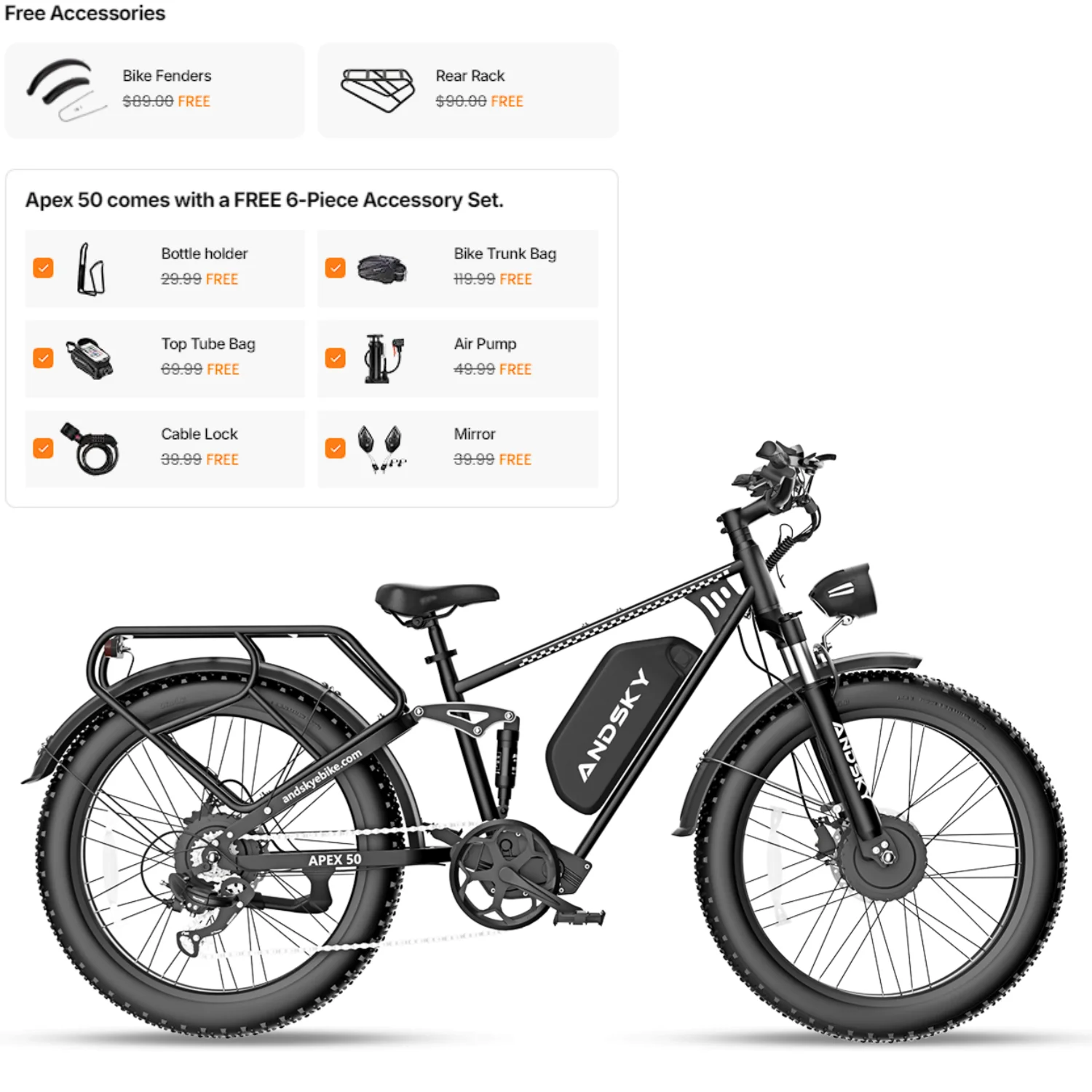 ANDSKY Apex50 AWD Electric Bike 3000W Dual Motor 35MPH 100Miles Long Range 48V/52V 25Ah Removable Battery City Off-Road Electric Bicycle for Adults Full Suspension 26*4 Inch All Terrain Fat Tire E-bike image 5