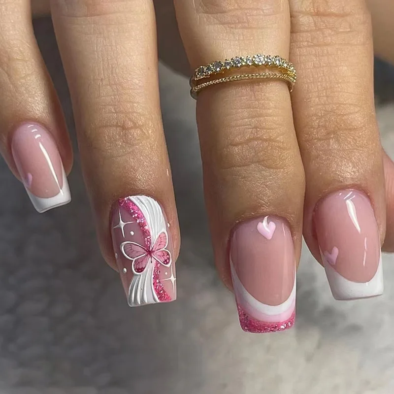 24pcs Glitter Medium Short Summer Pink White French Press on Nalis Cheap Artificial False Nails Fake Nails Set Wear Nail Girls