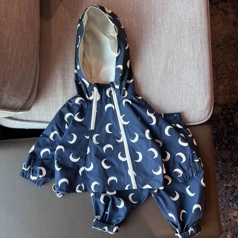 Spring Kid Girls 2PCS Clothes Set Cotton Cherry Print Zipper Jacket Suit Hooded Windproof Coat Casual Kids Baby Pants Tracksuits