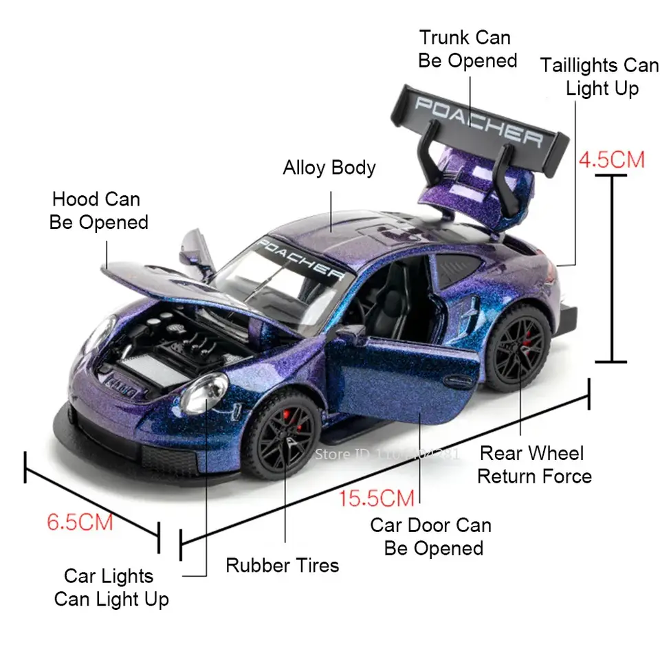نموذج مصغر لسيارة 911 GT3RS Panamera، مقياس 1:32، أبواب قابلة للفتح، إضاءة وصوت، إطارات مطاطية، هدية عيد ميلاد للأولاد - 5