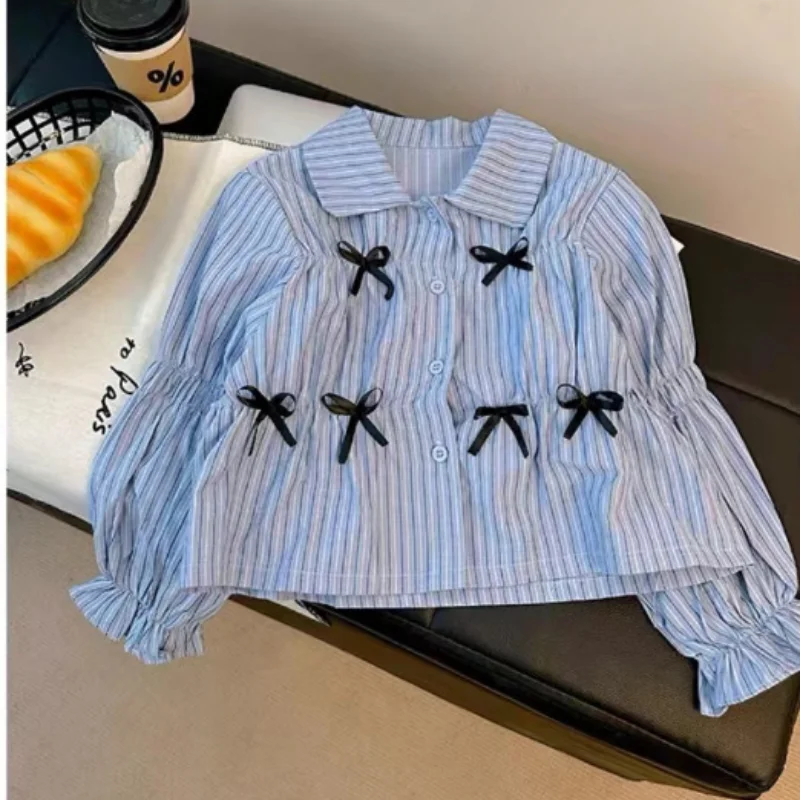 Girls Autumn Dress Set Children Korean Version Children Dress Western Style Striped Shirt Girl Baby Cake Skirt Two-piece Set