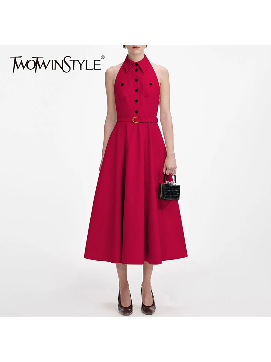 فساتين TWOTWINSTYLE متينة بحزام مقسم للنساء مع طية صدر السترة بدون أكمام بخصر عالٍ وأزرار مرقعة فستان أساسي للسيدات