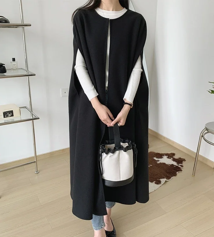 Elegant Women Long Open Stitch Faux Wool Waistcoat Vest Autumn O-neck Korean Ladies Casual Loose Sleeveless Coats