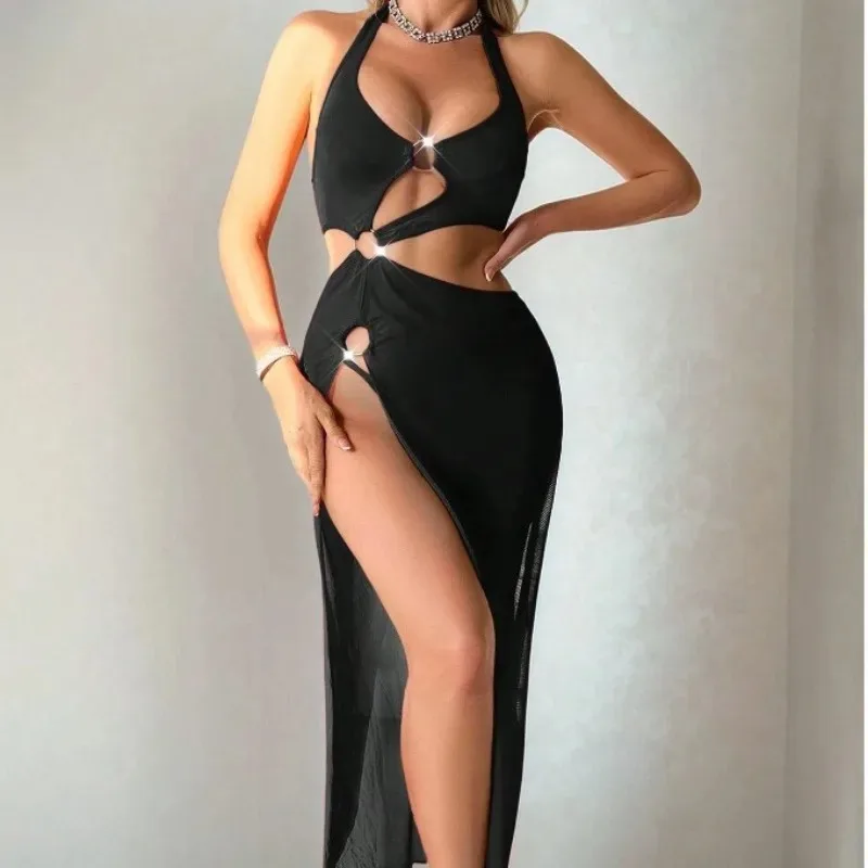 Sexy Damen-Nachthemd, Badeanzug ohne freiliegenden Rücken, sexy Bikini-Anzug in reiner Farbe, langes Damenkleid mit Schlitz.