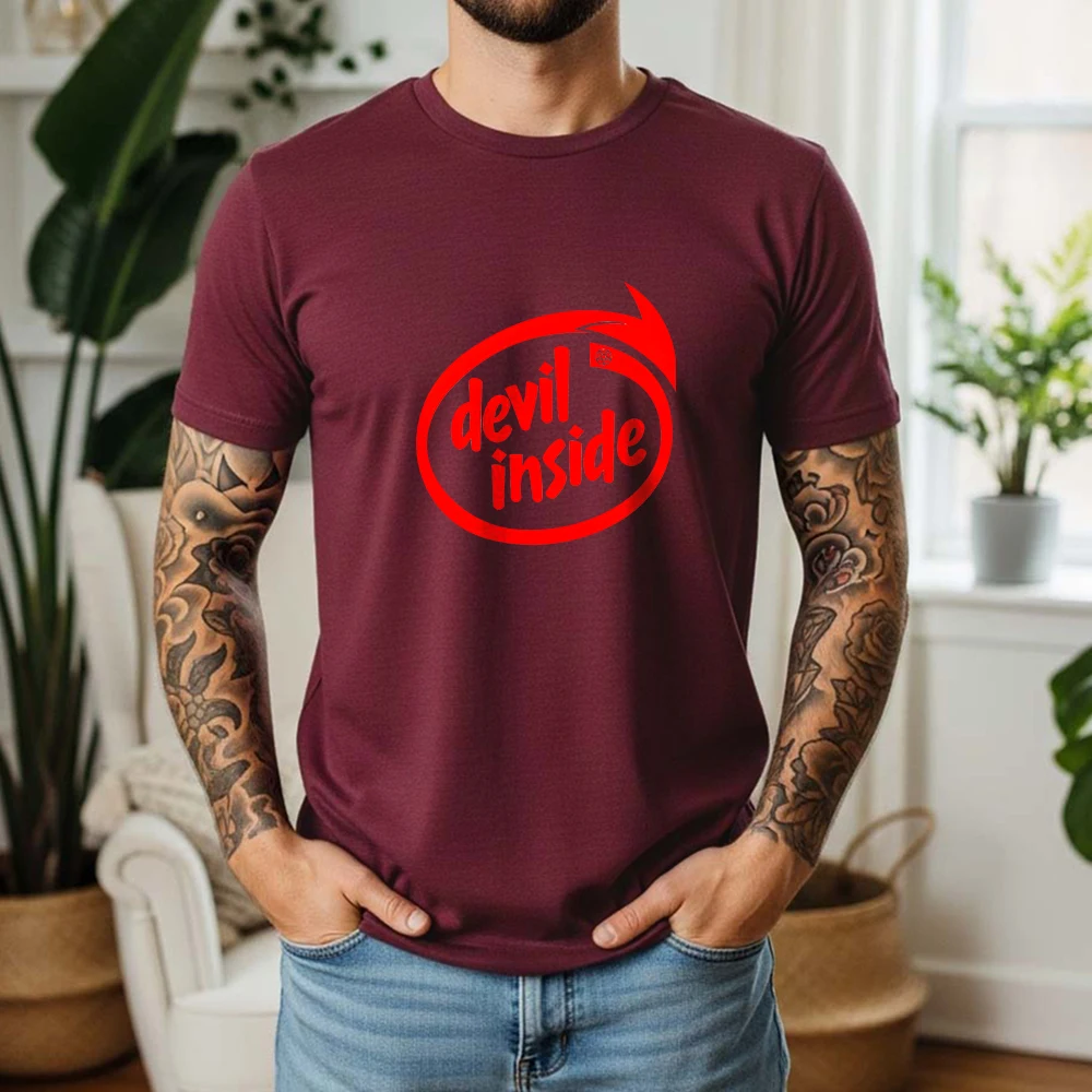 2026 New Summer Mens Casual Short Sleeve Cotton Tee Devil Inside Red Print Rock Style Daily Wear Streetwear