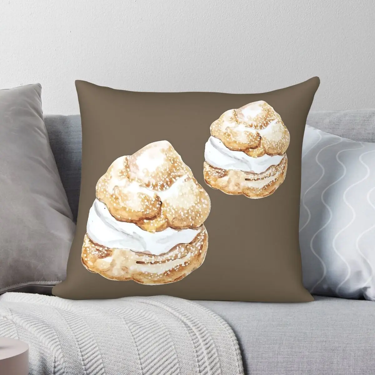 Funda de almohada cuadrada con diseño de pastelitos de crema y profiteroles, de poliéster, lino y terciopelo, decorativa, para coche