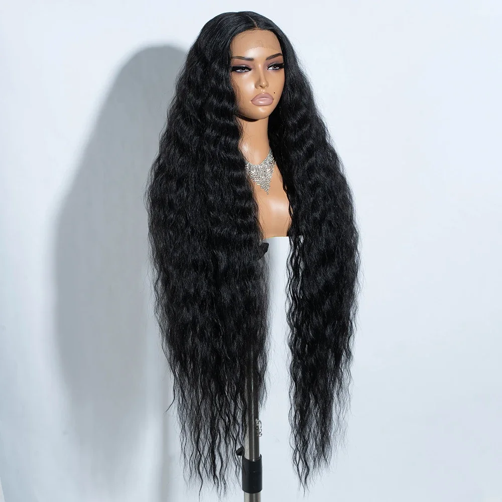 Peruca dianteira longa com renda para mulheres, peruca encaracolada preta natural, pré-arrancada, cabelo macio de bebê, sem cola, 26 in, 180 densidades