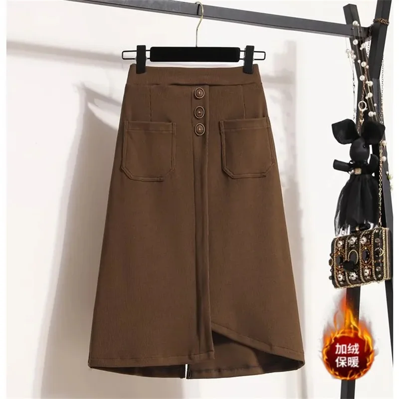 Brown Black Corduroy-Covered Hip Skirt Large Size High Waist Irregular Mid-Long A Skirt Elastic Waist Pocket Skirts Female