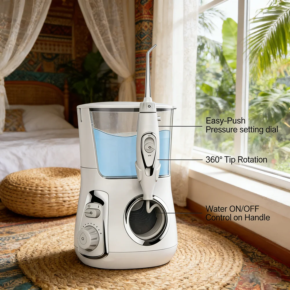 

Домашний настольный ирригатор для воды 800 мл, 360° ° Стоматологическое орошение, 10 режимов, 5 насадок, водонепроницаемая стоматологическая струя IPX7