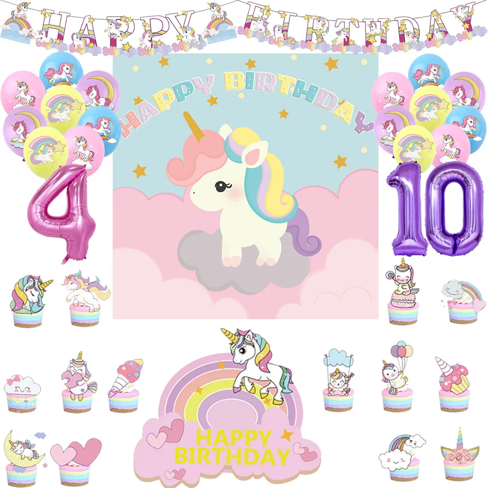 Cartoon Dreamy Cute Unicorn Birthday Party Decoration Supplie Cake Decoration Banner Numbers Balloon Background Suit Baby Shower