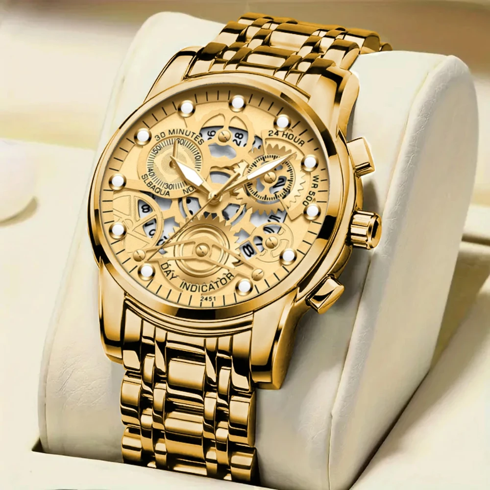 

Часы VAVAVOOM для мужчин, часы из нержавеющей стали, золотые роскошные светящиеся полые кварцевые наручные часы, новые мужские часы в деловом стиле