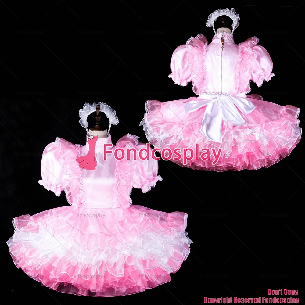 

fondcosplay adult sexy cross dressing sissy maid baby pink satin organza dress lockable Uniform apron costume CD/TV[G2309]