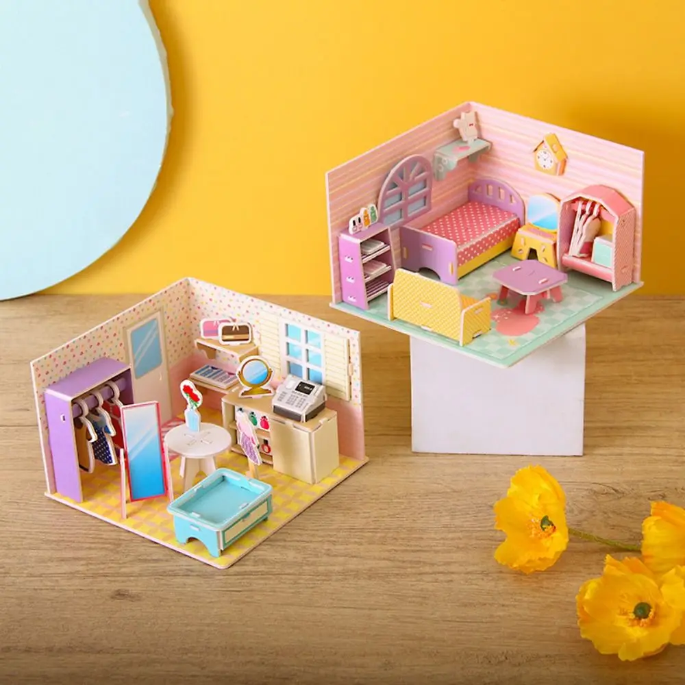 Modelo de habitación 3D de cartón de dibujos animados, rompecabezas de juguete, casa, habitación 3D, modelo de habitación 3D hecho a mano, juguetes artesanales, juguetes para niños