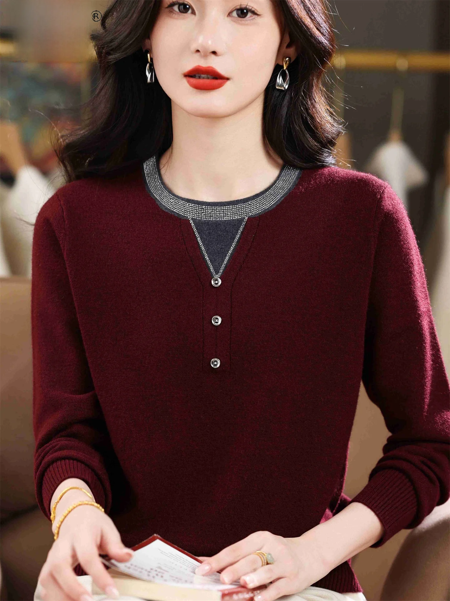 

Теплый модный свободный базовый слой для мамы, осенне-зимний новый цветной топ Blo Drill Embellied ly, женский irt