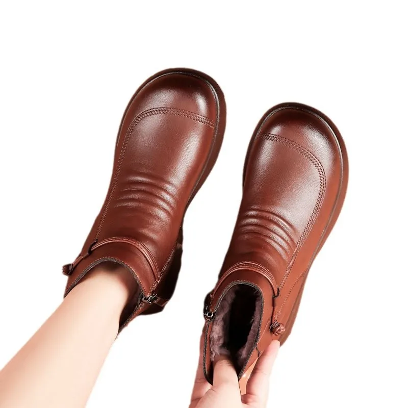 أحذية قطنية جديدة للأم من الجلد الطبيعي بنعل ناعم مع عزل قطيفة للشتاء في منتصف العمر أحذية نسائية قصيرة للنساء #5